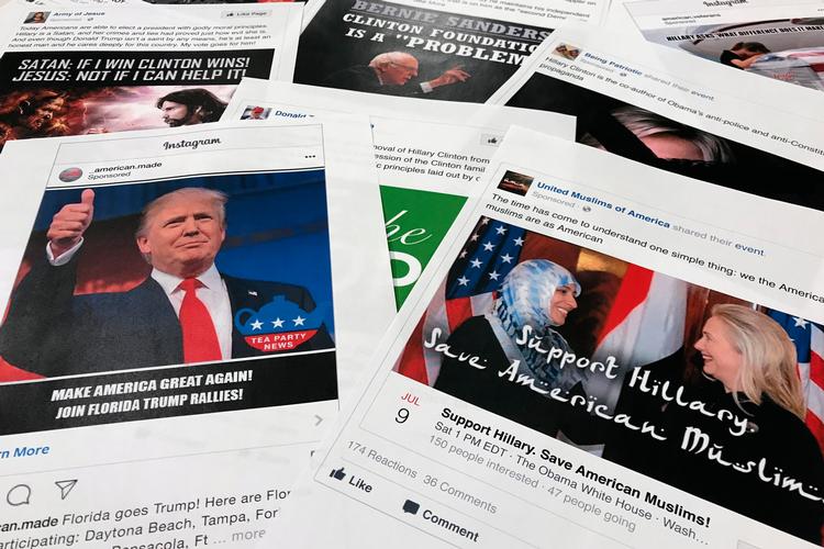 Facebook og Twitter siger, at de er blevet advaret om, at en russisk organisation laver falske brugerkonti og en falsk internetside for at påvirke det amerikanske præsidentvalg. Her er det billeder af nogle falske sider fra det seneste valg i 2016.
 Foto: Jon Elswick/Ritzau Scanpix