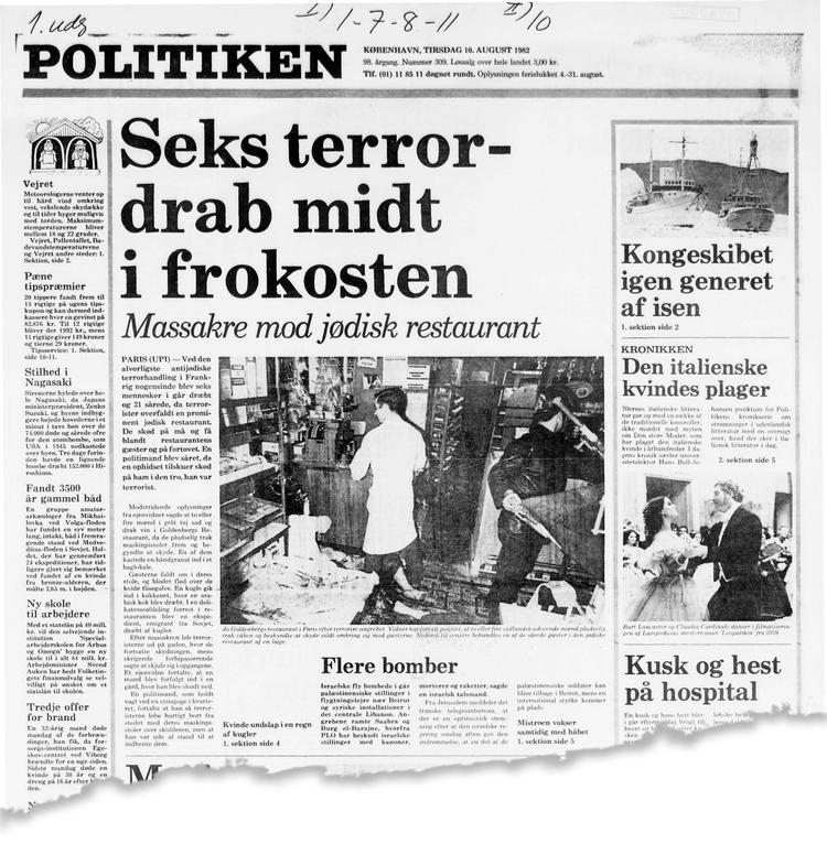 Politikens forside 10. august 1982 - dagen efter attentatet mod Jo Goldenbergers kosher-restaurant i Paris. 