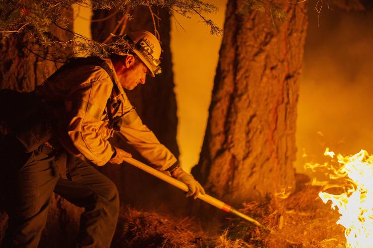    MONROVIA, CA - SEPTEMBER 11: Los Angeles County firefighters, using only hand tools, keep fire from jumping a fire break at the Bobcat Fire in the Angeles National Forest on September 11, 2020 north of Monrovia, California. California wildfires that have already incinerated a record 2.3 million acres this year and are expected to continue till December. The Bobcat Fire has grown to more than 26, 000 acres. David McNew/Getty Images/AFP == FOR NEWSPAPERS, INTERNET, TELCOS &amp; TELEVISION USE ONLY ==   Foto: David Mcnew/Ritzau Scanpix