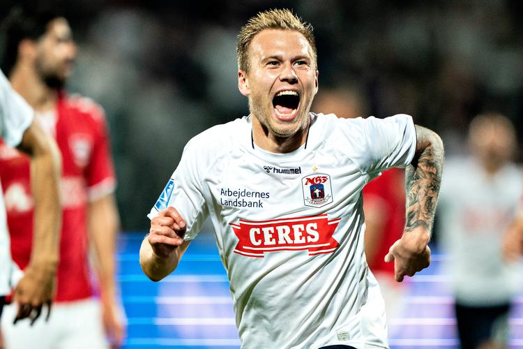 Humøret var højt i Aarhus i mandags, hvor Jon Dagur Thorsteinsson scorede. Men i midtugen spillede AGF holdets dårligste kamp meget længe. Foto: Henning Bagger/Ritzau Scanpix