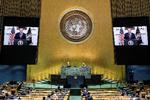 Præsident Trump taler på en video-optagelse til FN's generalforsamling, der blev afholdt i en usædvanlig tom sal grundet corona.  Foto: United Nations/Ritzau Scanpix