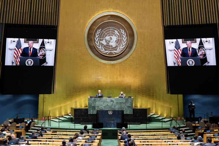 Præsident Trump taler på en video-optagelse til FN's generalforsamling, der blev afholdt i en usædvanlig tom sal grundet corona.  Foto: United Nations/Ritzau Scanpix