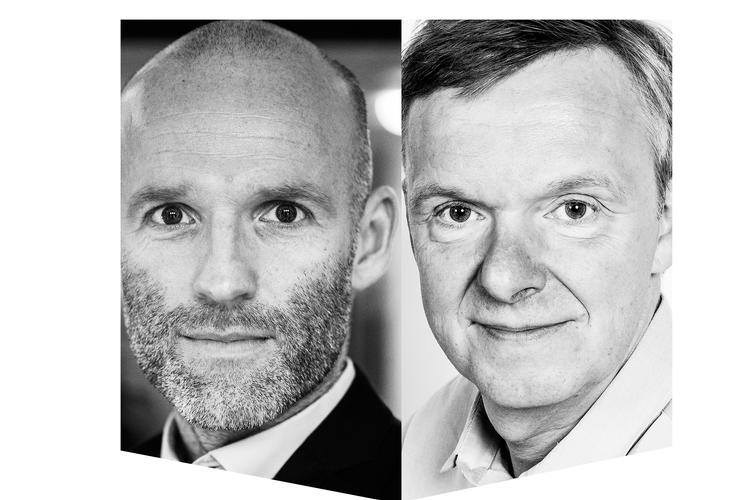 JP/Politikens administrerende direktør Stig Ørskov (tv) vil ikke tale om en personalesag og chefredaktør på Ekstra Bladet, Poul Madsen, har ikke tid til at tale med Politiken. (kollage) 