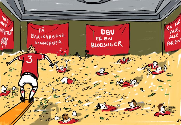 Det er ikke tit, de danske landsholdsspillere i fodbold løfter stemmen. De gjorde det i honorarkampen mod DBU, nu har de gjort det i racismekonflikten - så hvad bliver det næste? En indsats for den grønne omstilling? Vi får se. Foto: Mette Dreyer/Politiken-Tegning
