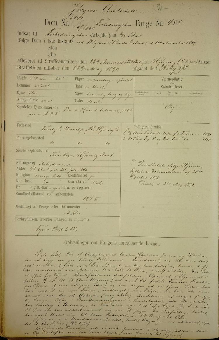 Grøfte-Jørgens indførelse i Horsens Statsfængsels stambog i 1889. Han havde fået 8 måneders forbedringshusstraf.  Foto: Arkivalieronline