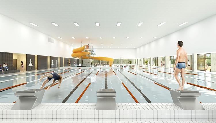Den nye Vestamager Svømmehal byder blandt andet på ti 25-meter-baner, fire 50-meter-baner, vipper, rutsjebane og klatrevæg.  Visualisering GPP Arkitekter/Erik Nord Arkitekter