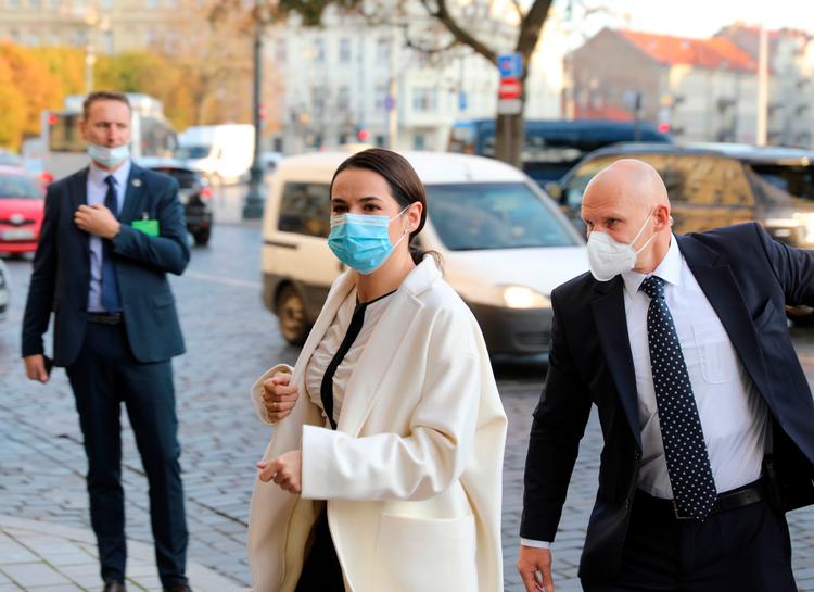 Svetlana Tikhanovskaja, som var Lukasjenkos udfordrer i august og siden har været på flugt, besøgte EU i forrige uge.  Foto: Petras Malukas/Ritzau Scanpix