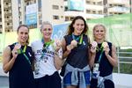 OL-bronzemedaljen i holdmedley blev den 19. og sidste internationale medalje for Mie Ø. Nielsen, der her poserer sammen med Rikke Møller Pedersen, Jeanette Ottesen og Pernille Blume dagen efter den vanvittige afslutning på svømmekonkurrencerne i Rio.   Foto: Tariq Mikkel Khan/POLFOTO