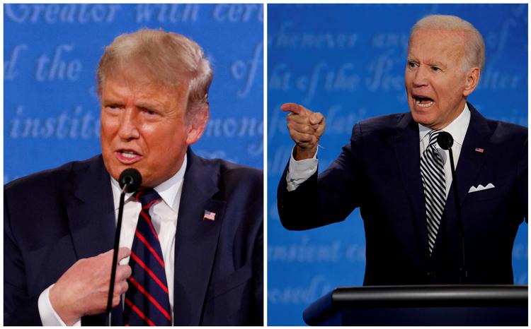 Den republikanske præsident Donald Trump og Demokraternes modkandidat Joe Biden under første præsidentdebat 29. september. Foto: Brian Snyder/Ritzau Scanpix