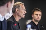 Bestyrelsesformand Bo Rygaard og tidligere FCK spiller og bestyrelsesmedlem William Kvist i Parken til formiddag, hvor de holdt pressemøde efter fyringen af Ståle Solbakken som manager.  Foto: Olafur Steinar Gestsson/Ritzau Scanpix