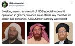 Afghanistans sikkerhedsstyrker har lagt oplysningerne om drabet på Abu Muhin al-Masri ud på Twitter. Foto: Nds Afghanistan/Ritzau Scanpix