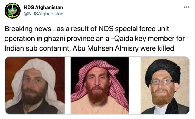 Afghanistans sikkerhedsstyrker har lagt oplysningerne om drabet på Abu Muhin al-Masri ud på Twitter. Foto: Nds Afghanistan/Ritzau Scanpix