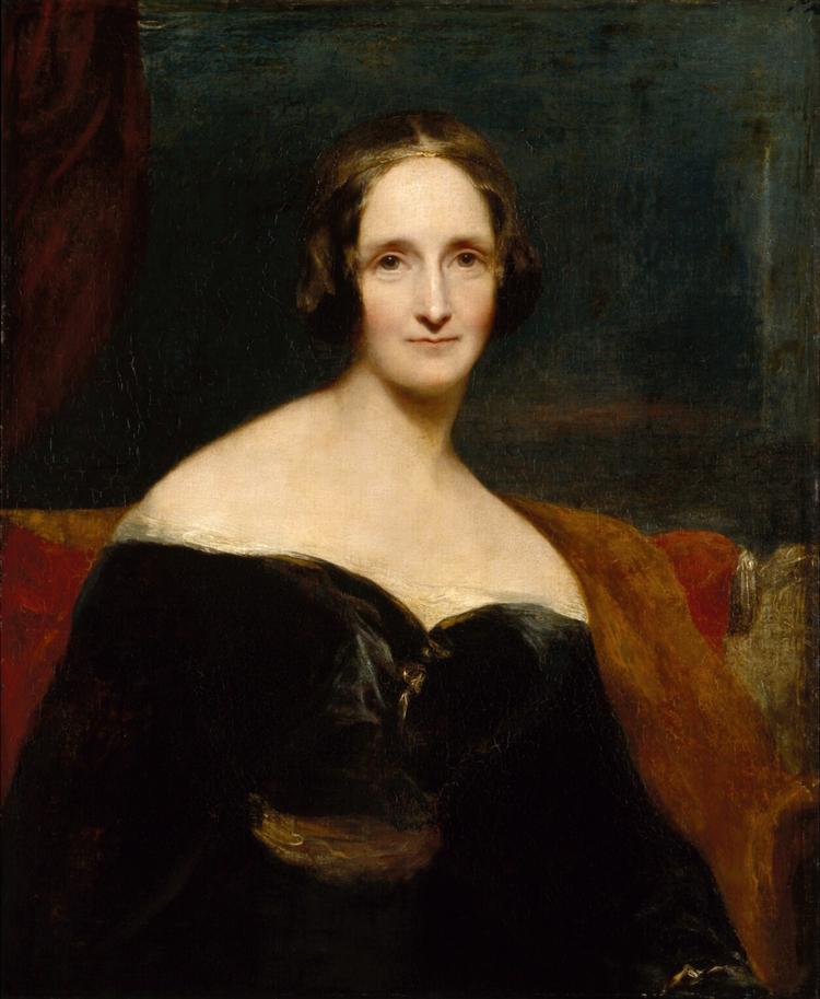 Mary Shelley, malet af Richard Rothwell. Bogen 'Weired Women' er dedikeret til  Mary Shelley, som skrev 'Frankenstein'. 