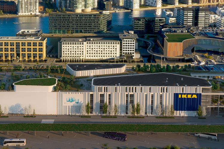 Hvis alt går efter planen, åbner Ikea København på Kalvebod Brygge i 2023. Her ses planen fra Vesterbro-siden. I baggrunden ses bl.a. Fisketorvet og Cykelslangen. De stiplede linjer til venstre viser et område, som der endnu ikke er lagt planer for. Foto: Tegnestuen Dorte Mandrup
