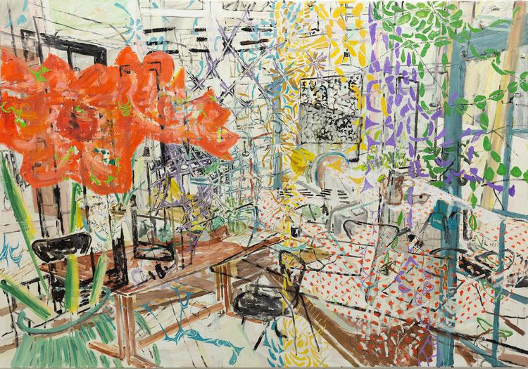 Titlen på dette Kaspar Bonnén-maleri er 'Unstable Reality', og det er et godt eksempel på, at værkerne er som kaotiske opslagstavler for kunstnerens bevidsthed. Formatet er 115 x 165 cm. Foto: Galleri Kant