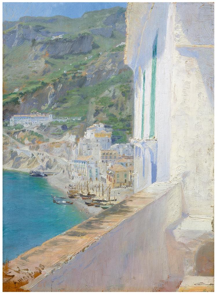 Efter P.S. Krøyers bryllup i 1889 med Marie tog det nygifte kunstnerægtepar på en længere udlandsrejse, hvis højdepunkt blev det inspirerende Syditalien. Fra Albergo della Luna, et gammelt kloster, der nu fungerede som hotel, malede Krøyer i 1890 denne udsigt over bugten ved Amalfi.  Foto: Den Hirschsprungske Samling