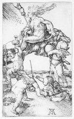 'Heksejagt' viser to fantastiske kobberstik af den tyske superstjerne og renaissancekunstner Albrecht Dührer. Her ses en heks ridende baglæns på en ged (symbol for djævelen). Som en indikation af hendes troldkraft og den uorden i verden heksen skaber blæser hendes hår modsat bevægelsesretningen.  Foto: PR-foto
