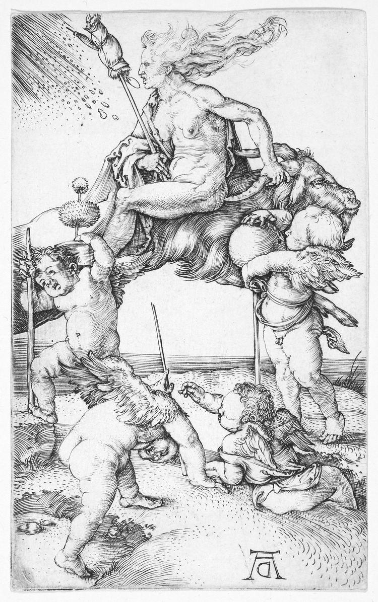 'Heksejagt' viser to fantastiske kobberstik af den tyske superstjerne og renaissancekunstner Albrecht Dührer. Her ses en heks ridende baglæns på en ged (symbol for djævelen). Som en indikation af hendes troldkraft og den uorden i verden heksen skaber blæser hendes hår modsat bevægelsesretningen.  Foto: PR-foto
