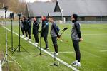 Sådan foregår interview med landsholdsspillerne Christian Eriksen, Jonas Wind, Mathias Zanka Jørgensen, Alexander Bah og Oliver Christensen samt landstræner Kasper Hjulmand i corona-tiden. Foto: Jens Dresling/POLFOTO