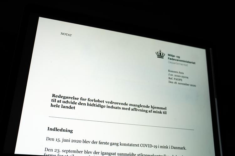 Miljø- og Fødevareministeriet præsenterer redegørelser, som ser nærmere på forløbet af aflivning af mink. Foto: Emil Helms/Ritzau Scanpix Foto: Emil Helms/Ritzau Scanpix