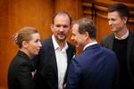 Statsminister Mette Frederiksen (S), retsordfører Jeppe Bruus (S), finansminister Nicolai Wammen (S) og politisk ordfører Jesper Petersen (S). Foto: Jens Dresling/POLFOTO