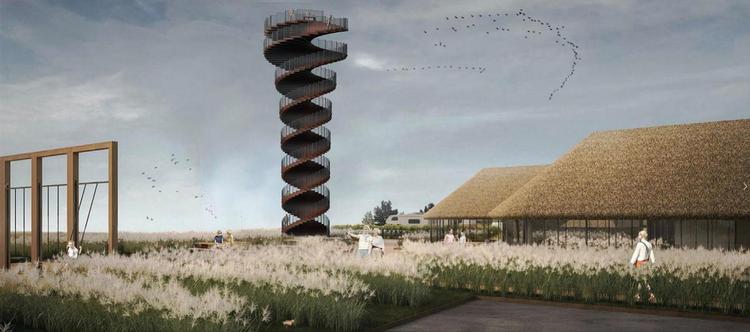 Et spiralformet udsigtstår, bygget udelukkende af trappetrin, kalder artikektfirmaet BIG det kommende udsigtstårn i Sønderjylland. Illustration: BIG/Tegnestuen Stedse  