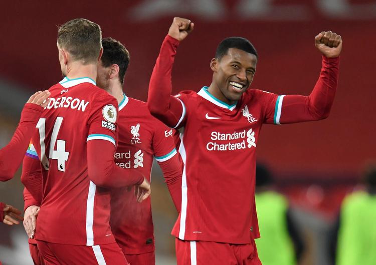 Georginio Wijnaldum jubler over sin flotte træffer i søndag aftens opgør på Anfield mod Wolverhampton. Foto: Peter Powell/Ritzau Scanpix