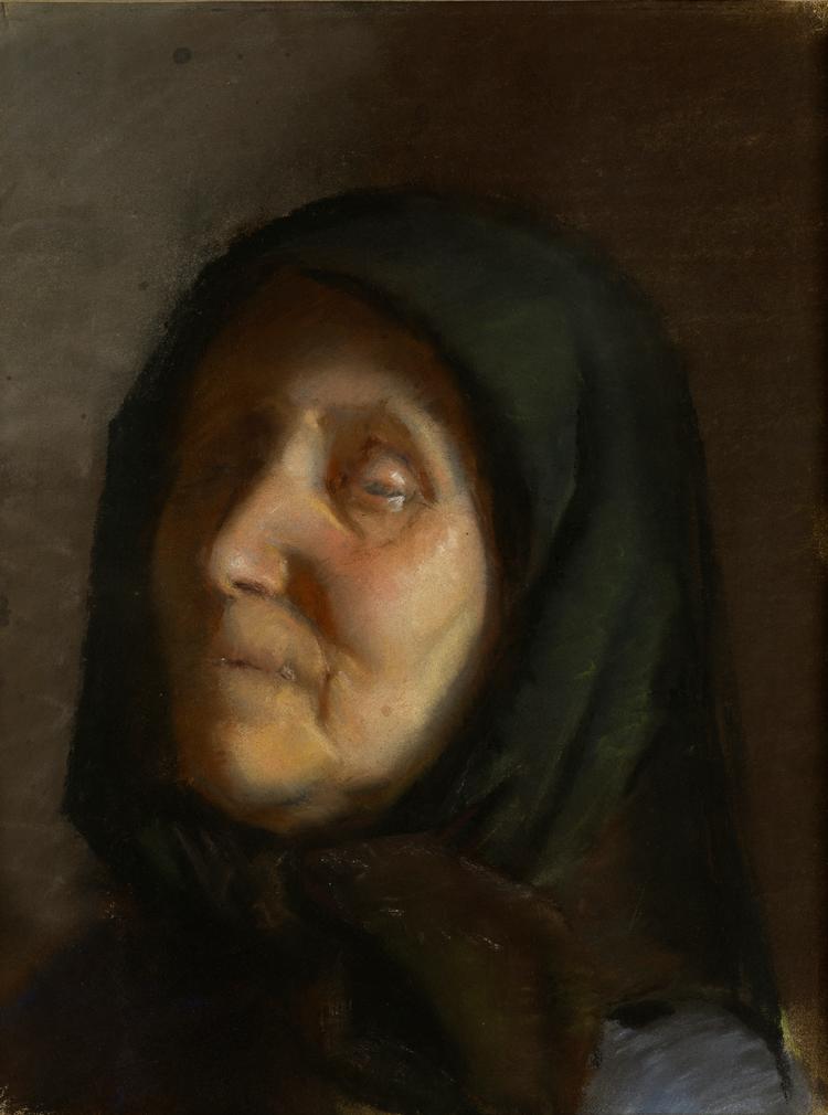 Den blinde kone er et tilbagevendende motiv hos Anna Ancher. Set i sammenhæng med Anchers fascination af lys som fænomen er blindheden en smuk vej ind i de mere esoteriske eller sanseorienterede sider af hendes kunst. Her værket 'Blind Kone' fra 1883-85, fra Sorø Kunstmuseums samling. Foto: Anders Sune Berg