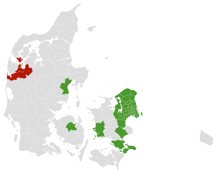 På kortet ses de lukkede kommuner (grøn), mens Holstebro og Struer (rød) med udbredt smitte ikke er medtaget i restriktionerne. 