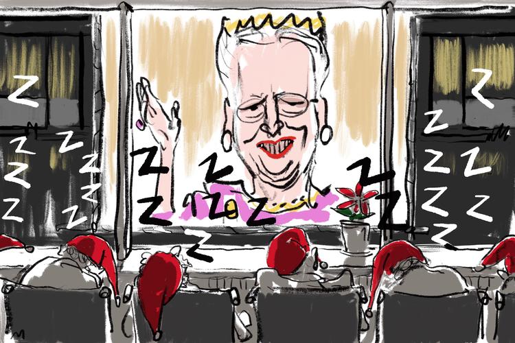 Foreningen Pixlart er brændt inde med en fotoudstilling om dronning Margrethe på grund af corona. Nu viser de den i stedet på plejehjem. Tegning Mette Dreyer