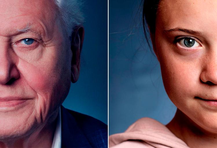 På tværs af grænser og generationer ser svenske Greta Thunberg (th.) og britiske David Attenborough (tv.) med stor bekymring og uro på de vilkår, mennesket byder naturen og klimaet. Foto: Conor McDonnell og Jacob Ehrbahn  Foto: Conor McDonnell og Jacob Ehrbahn 