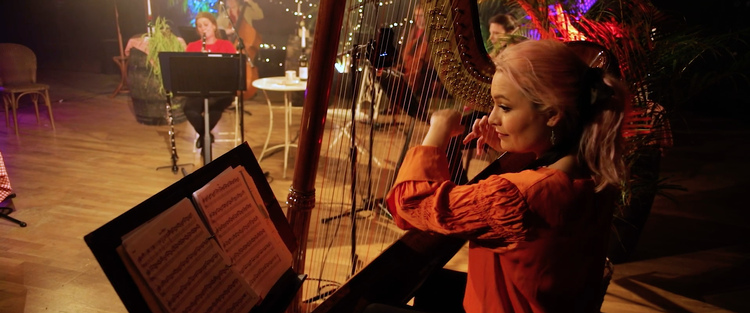 Musikerne fra det britiske Orchestra of the Swan iscenesætter deres onlinekoncerter og blander musik med ord. Foto: PR
