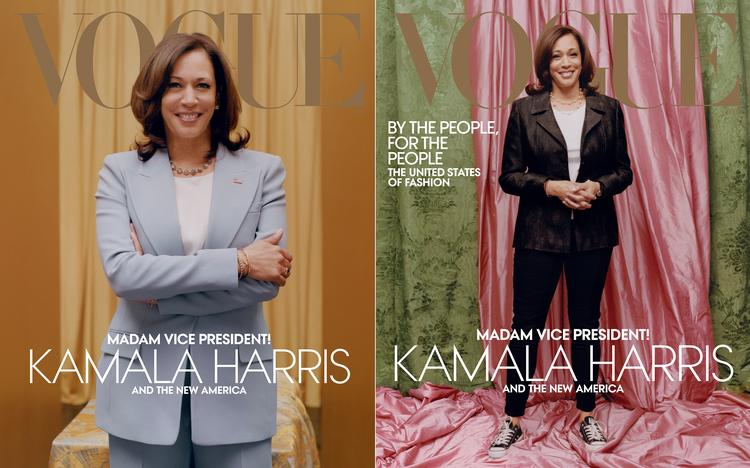 Billedet til venstre af Kamala Harris i det mere formelle Michael Kors-sæt bruger Vogue som forside i den digitale udgave, mens det udskældte billede af den kommende vicepræsident i Converse-sko er på forsiden af magasinets trykte udgave. Foto: Tyler Mitchell/Ritzau Scanpix