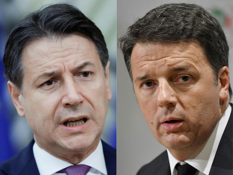 Matteo Renzi, t.h., har trukket sine to ministre fra Giuseppe Contes regering. (Photos by Olivier HOSLET and Andreas SOLARO / various sources / AFP) Foto: Olivier Hoslet, Andreas Solaro/Ritzau Scanpix