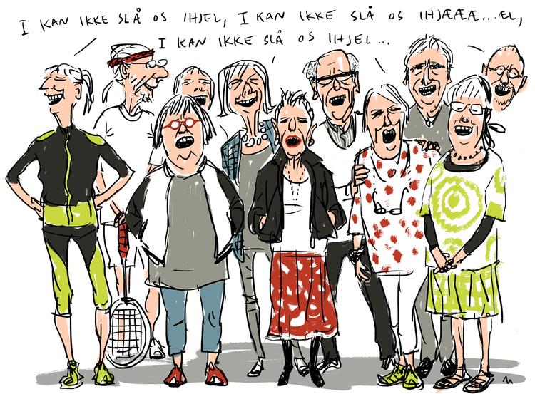 Snart ringes der for de sidste omgange hos 68-generationen, de vaskeægte boomere, det grå guld og de privilegerede hvide, der dyrker svampejagt, rødvin, Barnaby og TV 2 Charlie. Arkivtegning Mette Dreyer