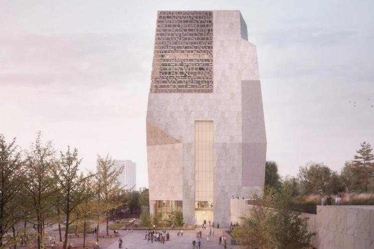 Sådan ser det præsidentbibliotek, Obama har foreslået, ud. Det skal ligge  i Jacksonparken i Chicago. Foto: PR/Obamafonden