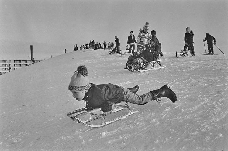  Vinterleg på de sneklædte bakker i Værebroparken ved Bagsværd i vinteren 1971.    Arkivf:oto Knud Jacobsen