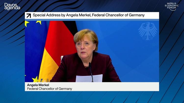 Tysklands forbundskansler, Angela Merkel, deltog tirsdag på det traditionelle Davos-topmøde ved i en virtuel tale at gå imod Joe Biden. Foto: Handout/Ritzau Scanpix