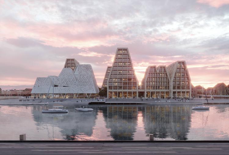 Den firkantede Papirø bebygges med én stor karré med offentlige funktioner og erhverv i bunden samt et vandkulturhus i det nordvestlige hjørne. Foto: Cobe