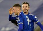 24-årige James Maddison (bagerst) har fra sin position på den offensive midtbane bidraget med 6 mål og 4 assist for Leicester og tillige serviceret den i øjeblikket småskadede veteranangriber Jamie Vardy forbilledligt.  Foto: Tim Keeton/Ritzau Scanpix