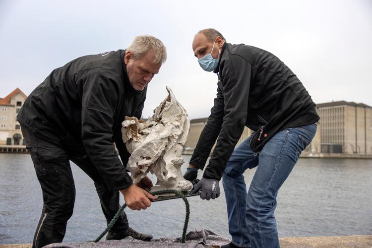 En gruppe anonyme billedkunstnere har ødelagt en statue af Frederik V fra Det Kgl. Danske Kunstakademi.  Foto Jesper Houborg