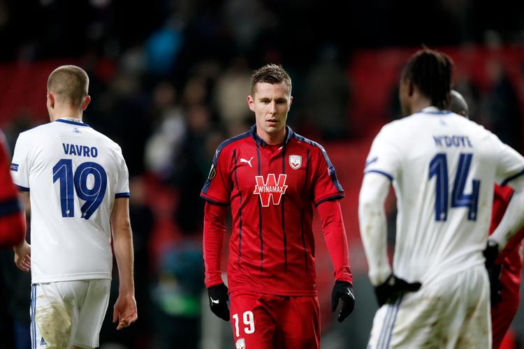 I 2018 spillede Lukas Lerager for Bordeaux mod Denis Vavro og Dame N'Doye.  I det kommende halvår spiller han sammen med de nuværende FCK'ere. Foto: Jens Dresling/POLFOTO