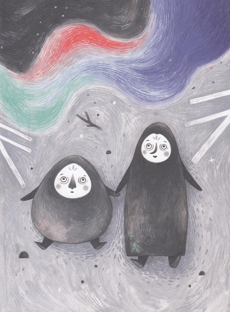 Sky og Skar sidder i deres gråhvide virkelighed og sorterer dimser, da en farvestrålende genstand pludselig dukker op i bogen 'Hvid'.  