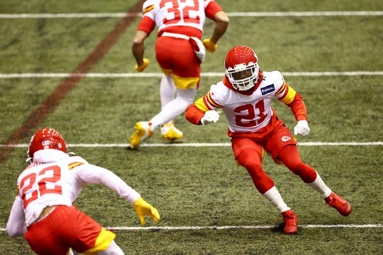 Bashaud Breeland (21) under den afsluttende træning før Super Bowl, som han kan deltage i trods en dopingkarantæne tidligere på sæsonen. Foto: Steve Sanders/Ritzau Scanpix