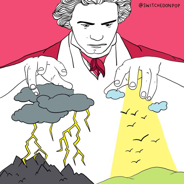 Podcasten Switched on Pop fortæller om normbryderen Beethoven, der lavede et klassisk hit og blev til en gud for en elitær klub for hvide mænd. Illustration: Iris Gottlieb Illustration  Iris Gottlieb