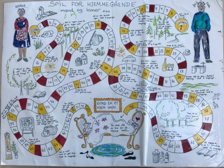 Både husmoren og husfaren skal gennem 73 felter, før de omsider kan gå i seng. Foto og brætspil: Ulla Bruun 