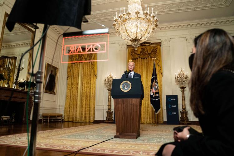     WASHINGTON, DC - FEBRUARY 19: U.S. President Joe Biden delivers remarks at a virtual event hosted by the Munich Security Conference in the East Room of the White House on February 19, 2021 in Washington, DC. In his remarks, President Biden stressed the United States' commitment to NATO after four years of the Trump administration undermining the alliance. Anna Moneymaker-Pool/Getty Images/AFP == FOR NEWSPAPERS, INTERNET, TELCOS &amp; TELEVISION USE ONLY ==   Foto: Pool/Ritzau Scanpix
