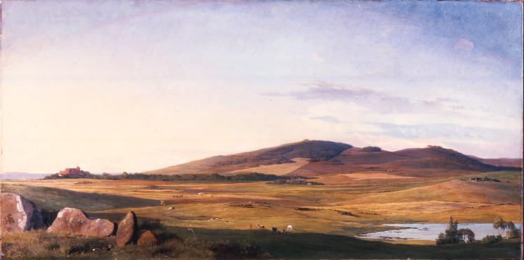 Der var langt mellem træerne, da J. Th. Lundbye malede 'Sjællandsk Landskab. Udsigt til Vejrhøj og Dragsholm Slot fra Bjergsøe Mark' i 1840. Slottet er kunstnerens egen rekonstruktion.  Foto: Thorvaldsens Museum
