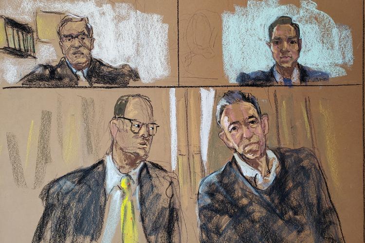 På det virtuelle retsmøde deltog dommer Anthony R. Mautone (øverst t.v), vicestatsanklager Adam Baker (øverst t.h.), forsvarsadvokat Mitch Ansell (nederst t.v.) og Bruce Springsteen selv (nederst t.h.).   Illustration Jane Rosenberg