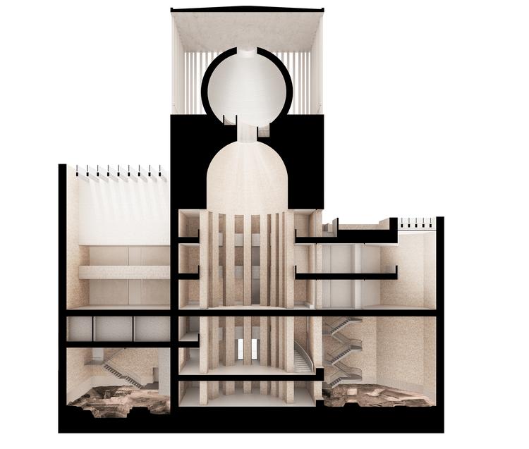 Et tværsnit af House of One i Berlin, der skal stå klar 27. maj og rumme både en kirke, en moske og en synagoge. Foto: Kuehn Malvezzi